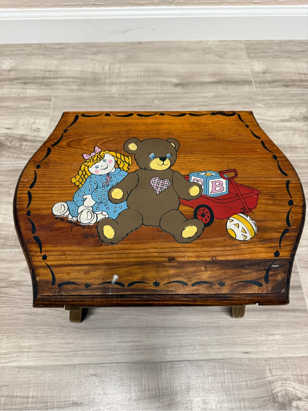 Vintage Wooden Kids Stool Top with Brown Teddy and Doll Illustration Sturdy Rare